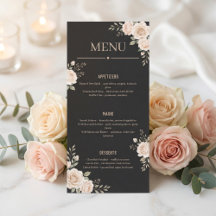 Menu minimaliste floral noir pour restaurant ou ma