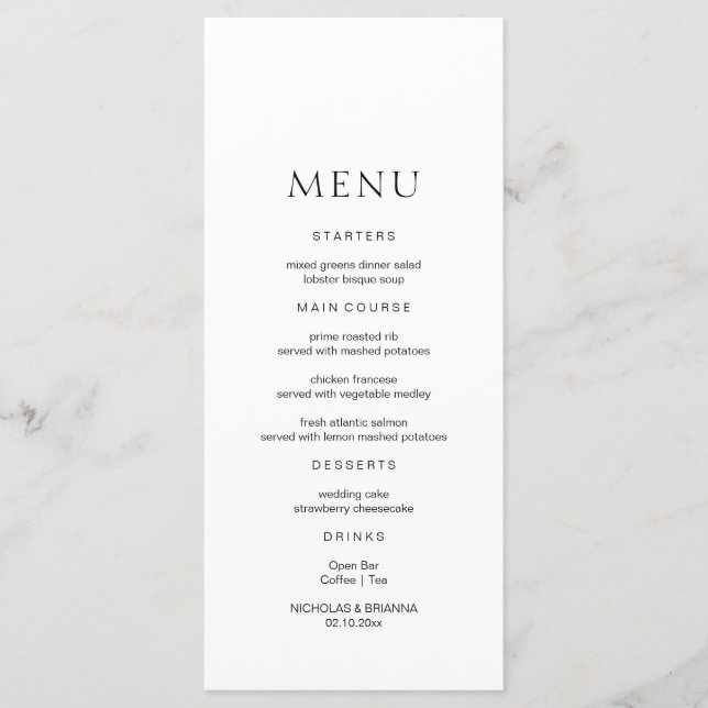 Menu minimaliste Mariage noir et blanc (Devant)