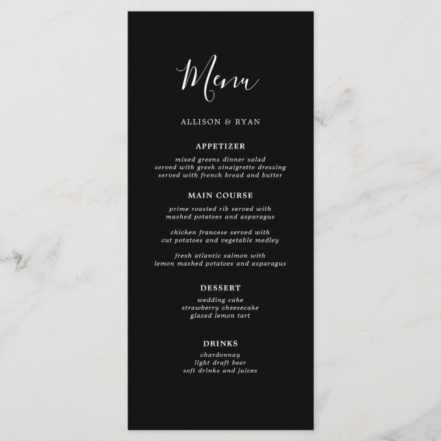 Menu minimaliste Mariage noir simple (Devant)
