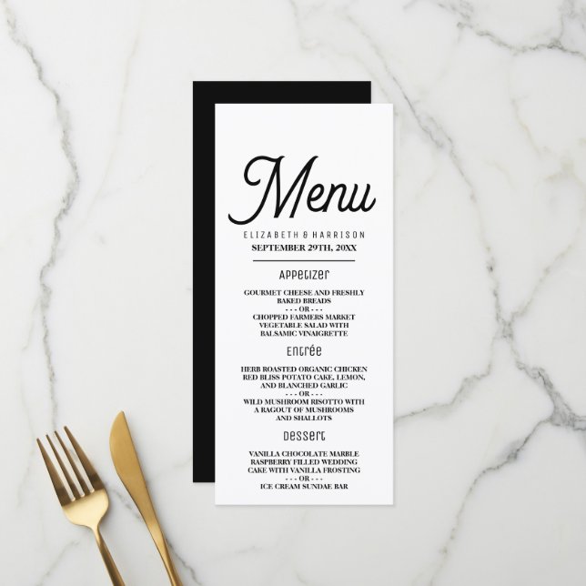 Menu Minimaliste - noir et blanc - Mariage (Devant/Arrière en situation)