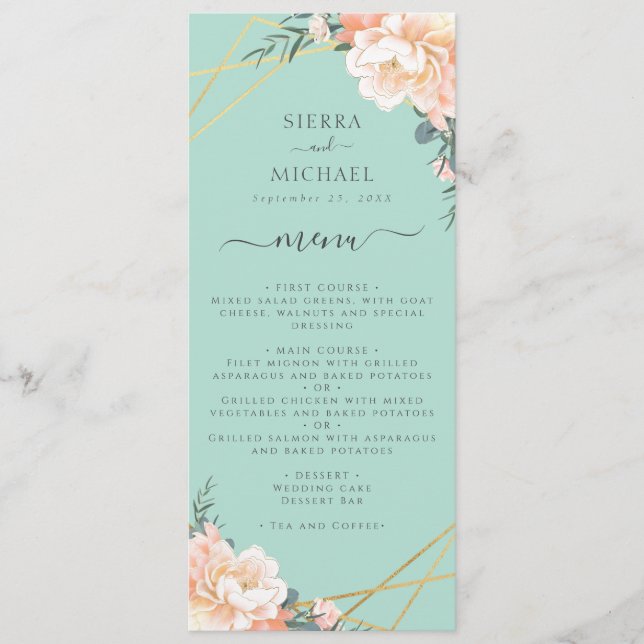 Menu Mint Green Floral Peach Gold Mariage Réception (Devant)