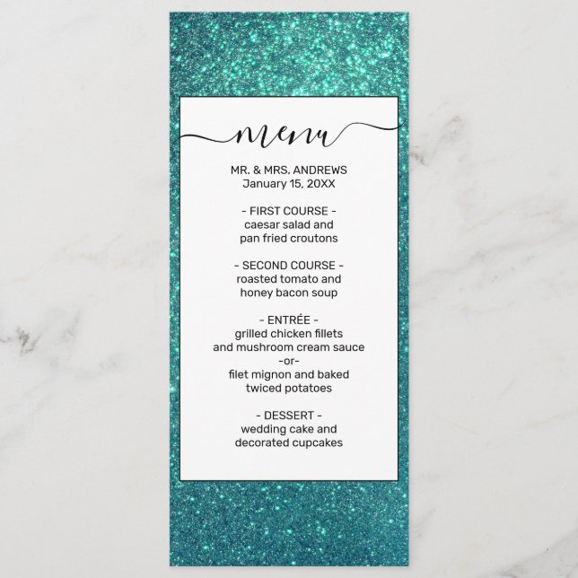 Menu Mitter Chic Elegant Teal Blue Sparkly (Devant)