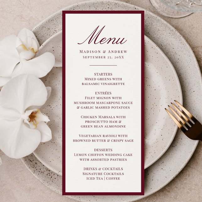 Menu Modern Burgundy Border Wedding (Créateur téléchargé)