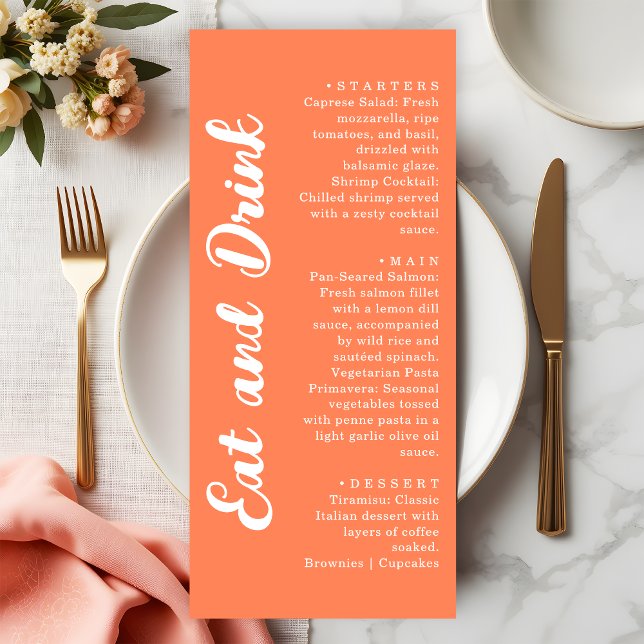 Menu Modern Coral Orange Eat and Drink Wedding (Créateur téléchargé)