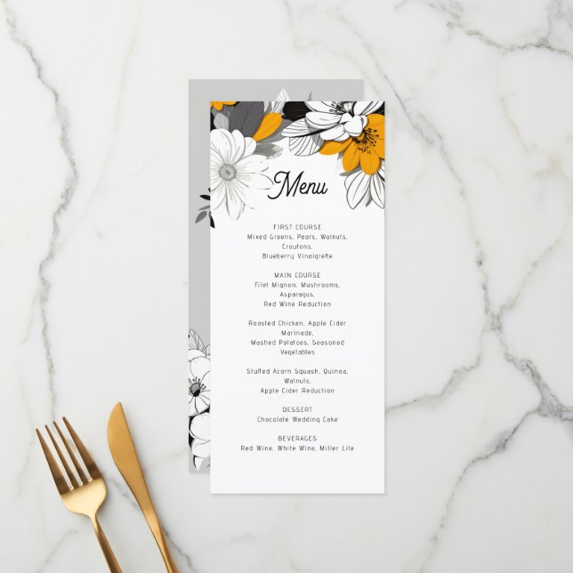 Menu moderne à fleurs monochromes mariage (Devant/Arrière en situation)