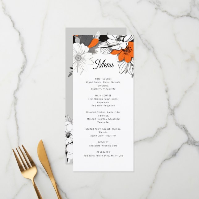 Menu moderne à fleurs monochromes mariage (Devant/Arrière en situation)