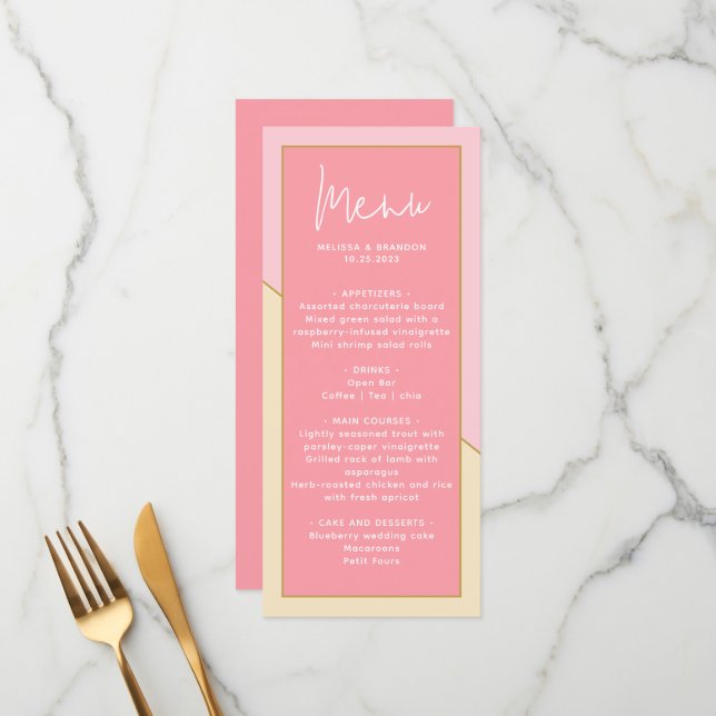 Menu Moderne Chic Pastel Rose or & Mariage de script (Devant/Arrière en situation)