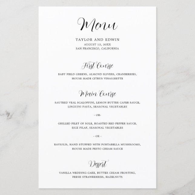 Menu moderne contemporain noir et blanc Mariage (Devant)