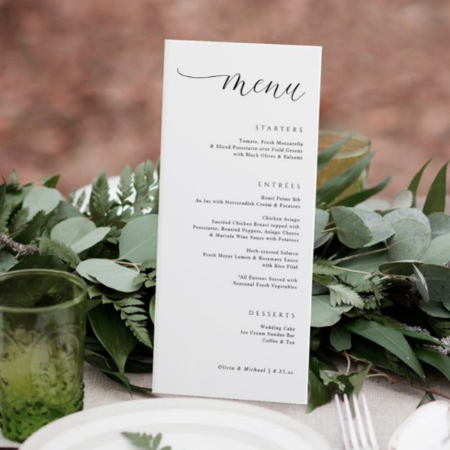 Menu Moderne droite aligné élégant dîner de mariage (Elegant modern wedding menu with a trendy script. Classy and simple wedding menus.)