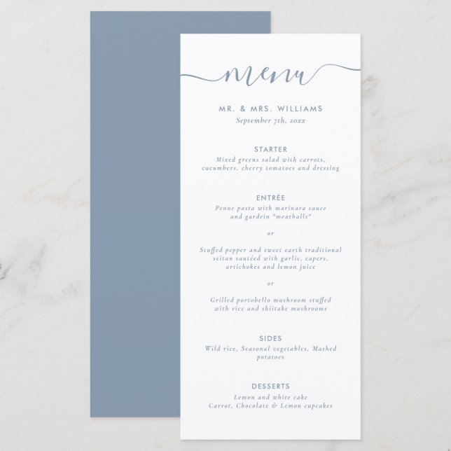 Menu moderne Dusty Blue Mariage (Devant / Derrière)