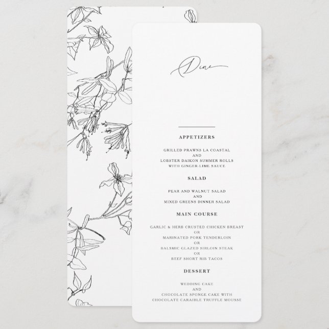 Menu Moderne Elegant Floral Line Mariage (Devant / Derrière)
