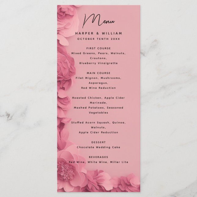 Menu moderne mariage à fleurs roses d'inspiration  (Devant)