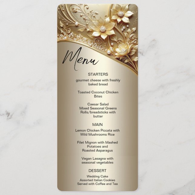 Menu Moderne Orné Fleurs Dorées avec Perles (Devant)
