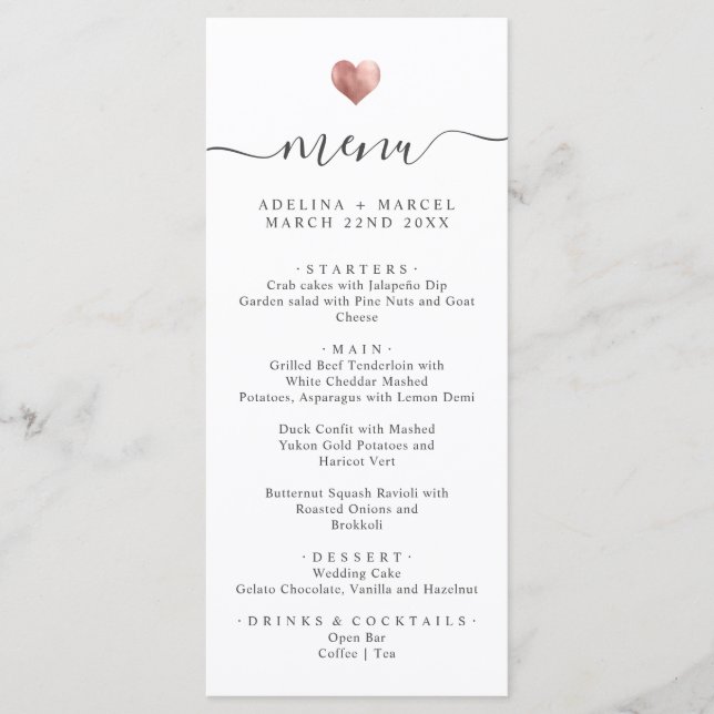 Menu Moderne Simple Calligraphie Rose Gold Heart Mariag (Devant)