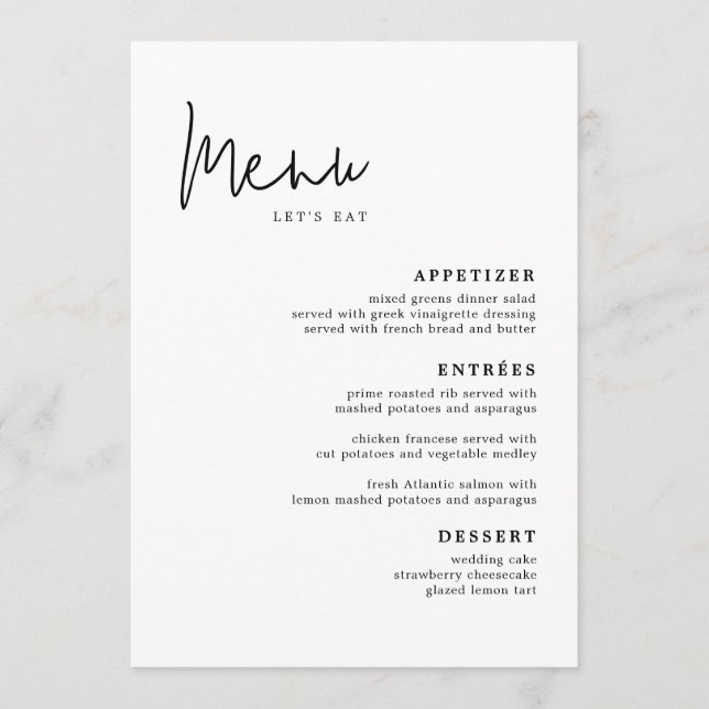 Menu moderne Simple Mariage Table Cartes Menu plat (Devant)