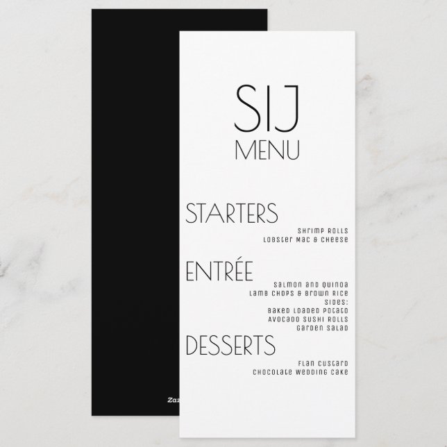 Menu Moderne Simple Noir Blanc Gras Mariage (Devant / Derrière)