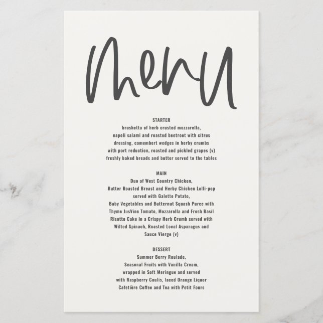 Menu monochrome manuscrit minimaliste et moderne (Devant)
