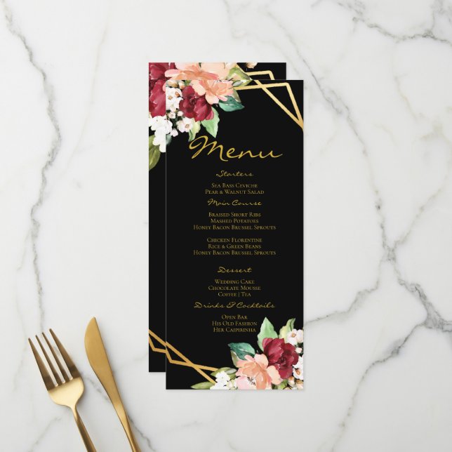 Menu Monogramme Black Gold Floral Mariage (Devant/Arrière en situation)