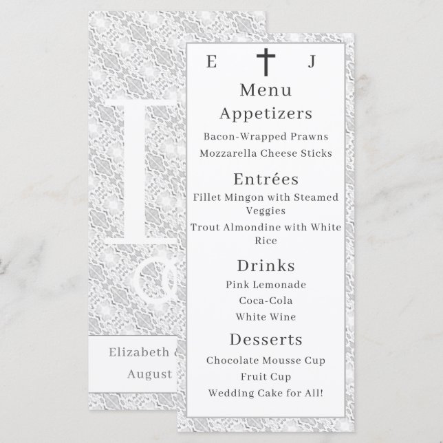 Menu Monogramme catholique de dentelle blanche (Devant / Derrière)