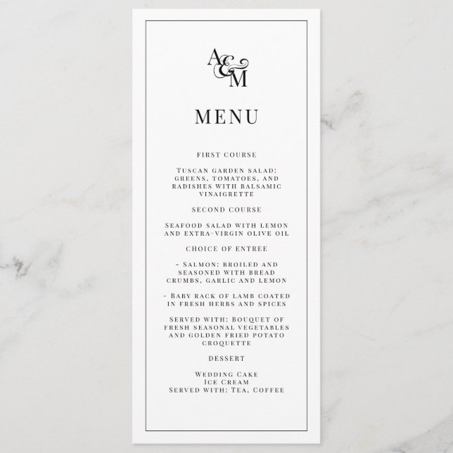 Menu Monogramme Elegant Simple Mariage noir blanc (Devant)
