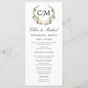 Menu Monogramme floral blanc rose pâle Nom Mariage