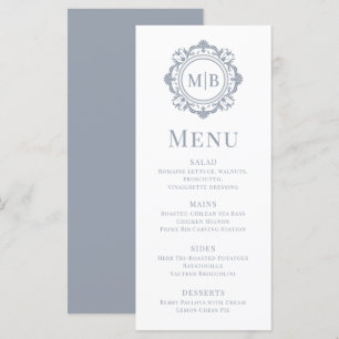 Menu Monogramme Floral Orné Mariage Élégant Argent