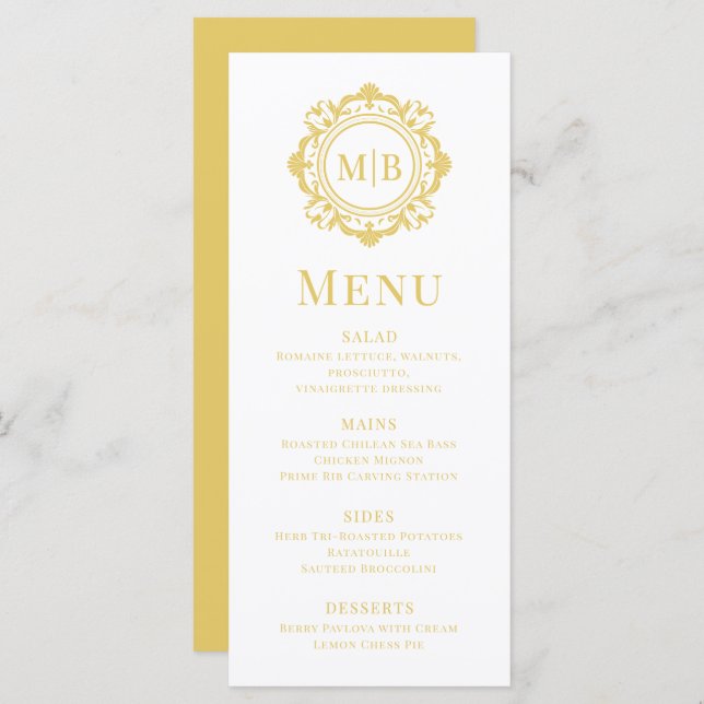 Menu Monogramme floral orné Mariage or élégant (Devant / Derrière)