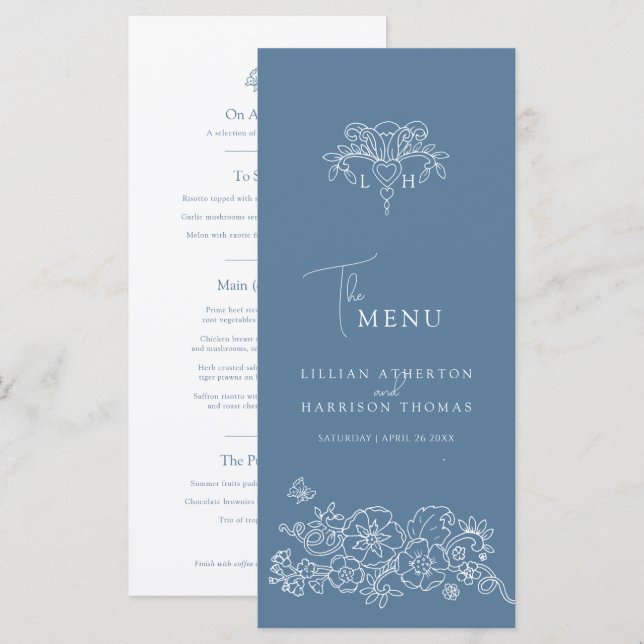 Menu Monogramme gris bleu blanc fleur de lis mariage (Devant / Derrière)