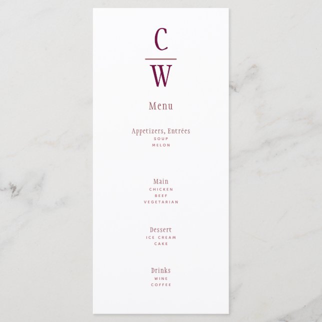 Menu Monogramme Mariage de vin Berry moderne (Devant)