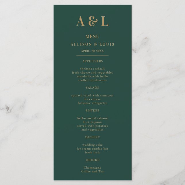 Menu Monogramme minimaliste mariage Emerald Green Gold (Devant)