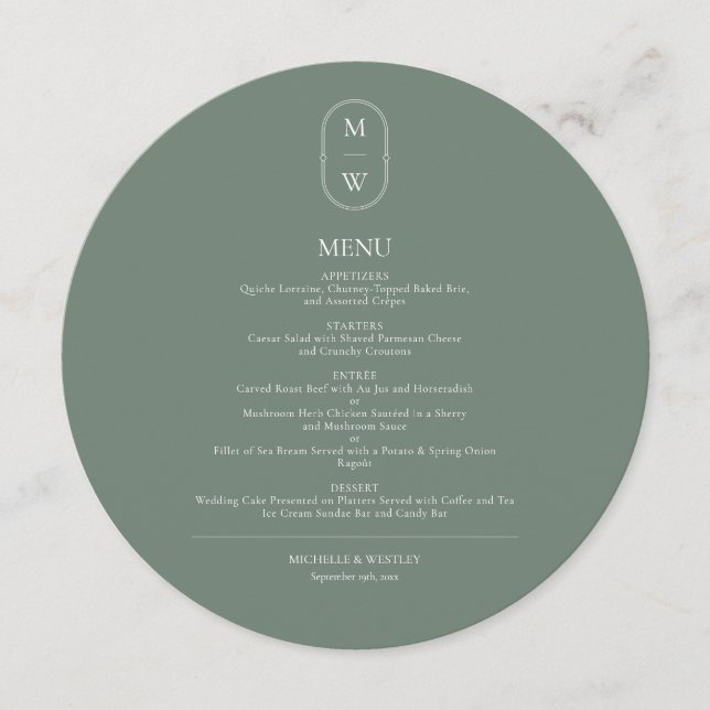 Menu Monogramme minimaliste Mariage vert (Devant)