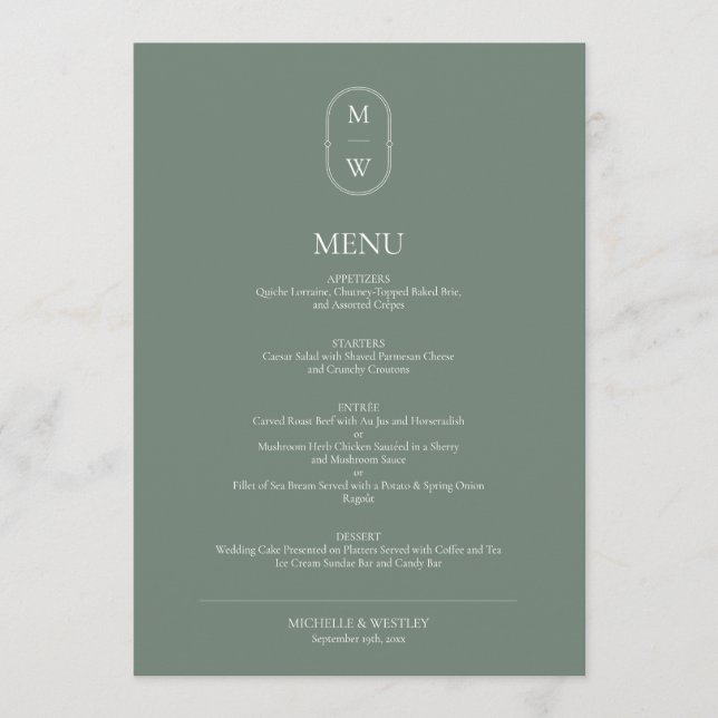 Menu Monogramme minimaliste Mariage vert (Devant)