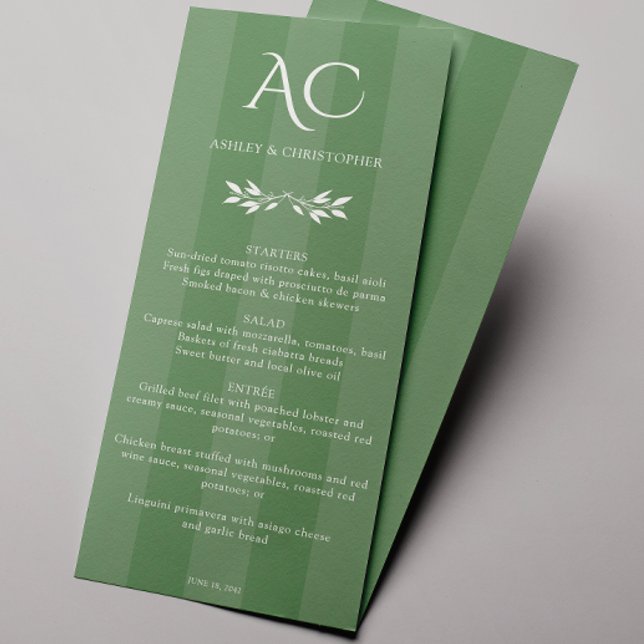 Menu Monogramme minimaliste Mariage vert rayé (Créateur téléchargé)