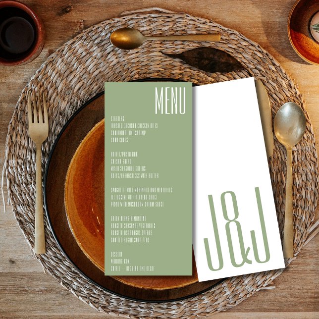 Menu Monogramme moderne Sage Vert Mariage blanc (Créateur téléchargé)