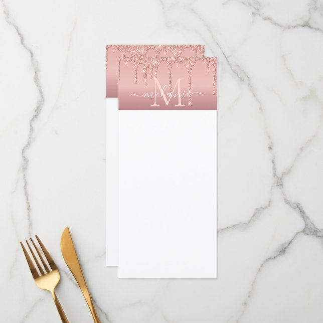 Menu Monogramme Nom Texte Rose Gold Blush Parties scint (Devant/Arrière en situation)