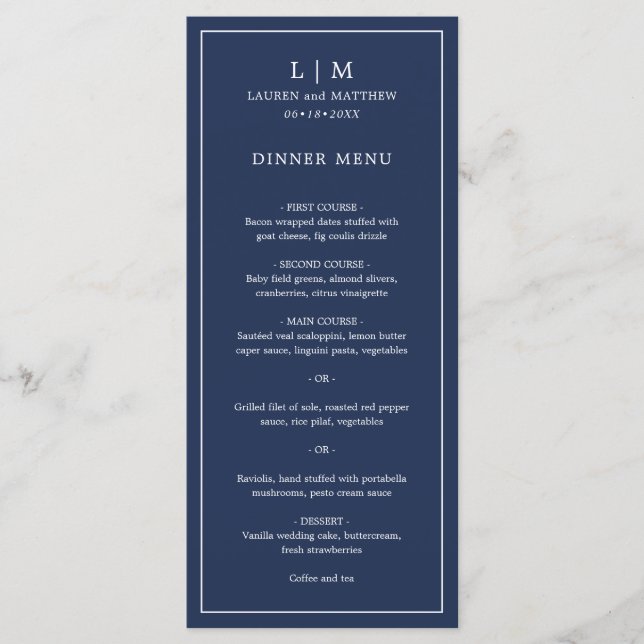 Menu Monographie bleu marine simple Mariage élégant (Devant)