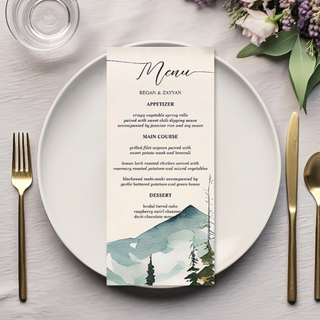 Menu Montagnes et pins à l'aquarelle pour un mariage (Créateur téléchargé)