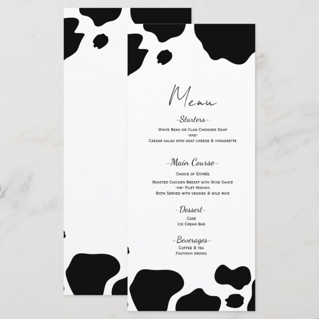 Menu Moo Cow Spots Imprimer Mariage noir blanc (Devant / Derrière)