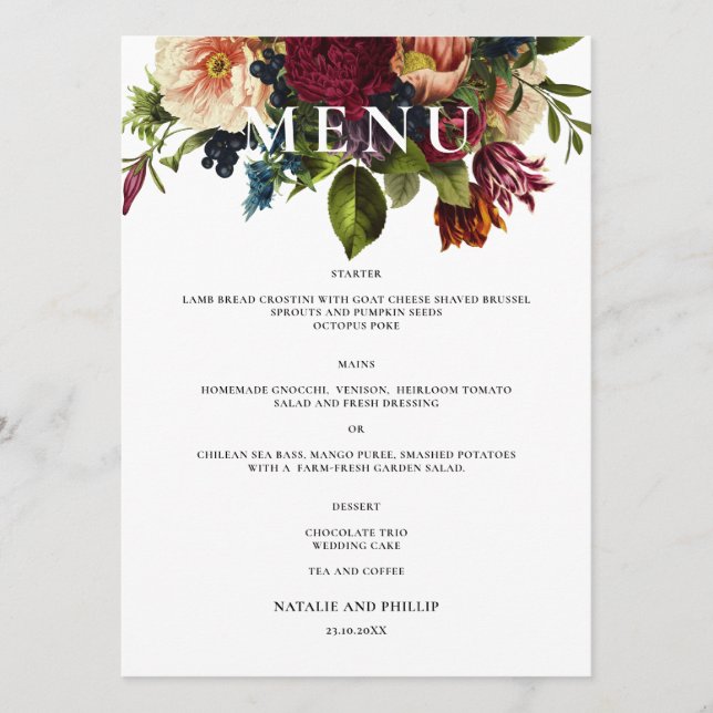 Menu Moody Floral Burgundy dîner Mariage (Devant)