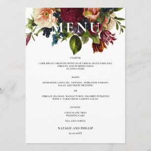 Menu Moody Floral Burgundy dîner Mariage