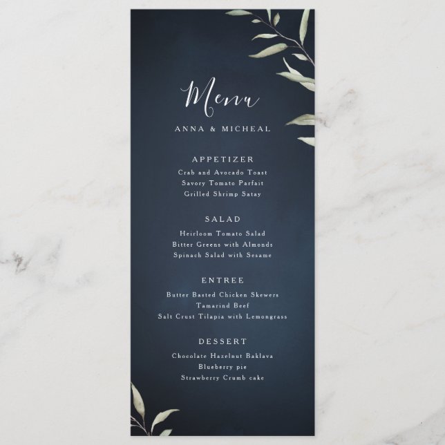 Menu moody marine minima botanique mariage (Devant)