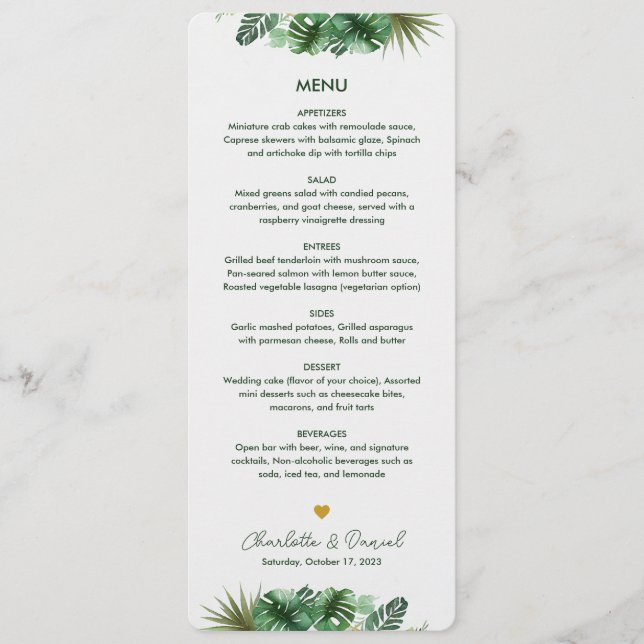Menu Motif d'aquarelle topique | MARIAGE (Devant)