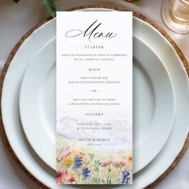 Menu Mountains Wildflowers Meadow Whimsical Wedding (mountains wedding menu wildflowers meadow floral watercolor modern elegant rustic romantic)