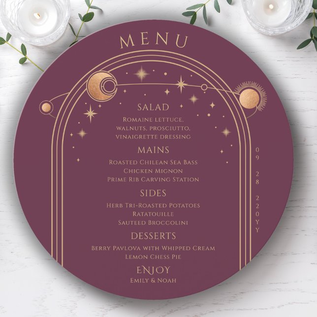 Menu Myssel Plum Gold Sun Moon Stars Space Mariage (Créateur téléchargé)