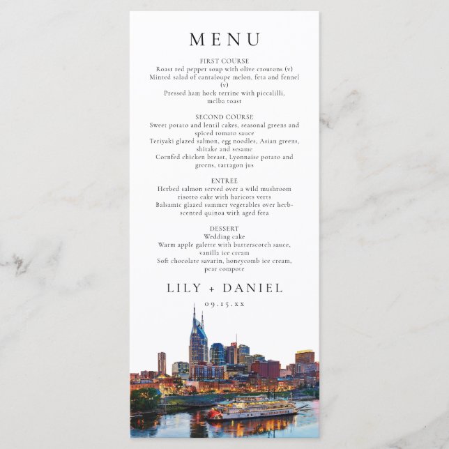 Menu Nashville Riverfront Watercolor Elegant Wedding (Devant)