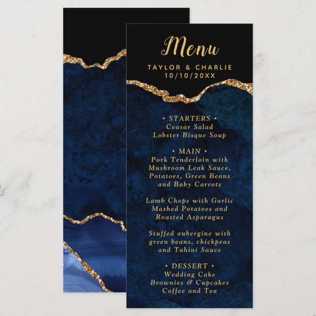 Menu Navy Blue and Gold Agate Marble Wedding (Devant / Derrière)