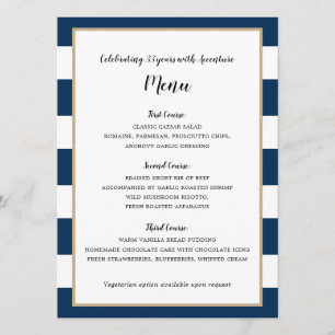 Menu Navy Blue Stripes et Gold Wedding Reception