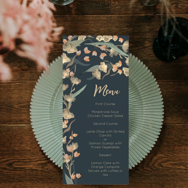 Menu Navy élégant et fleurs botaniques beige de fleurs  (Créateur téléchargé)