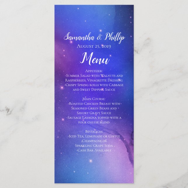 Menu Nébuleuse violette Art céleste Mariage dans l'espa (Devant)