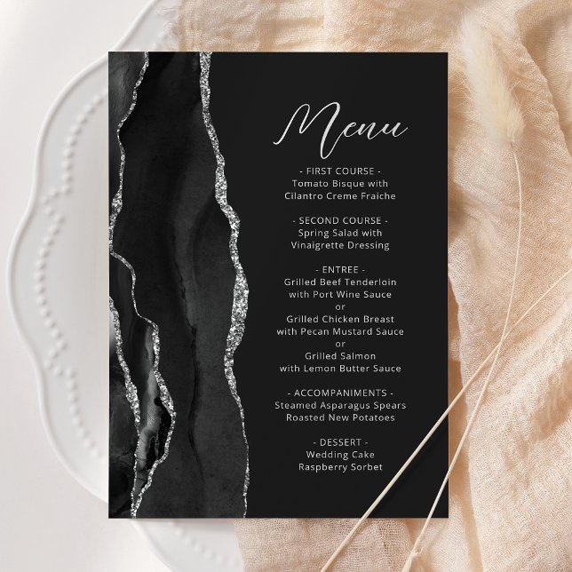 Menu Noir Agate Argent moderne Script Mariage foncé (Créateur téléchargé)